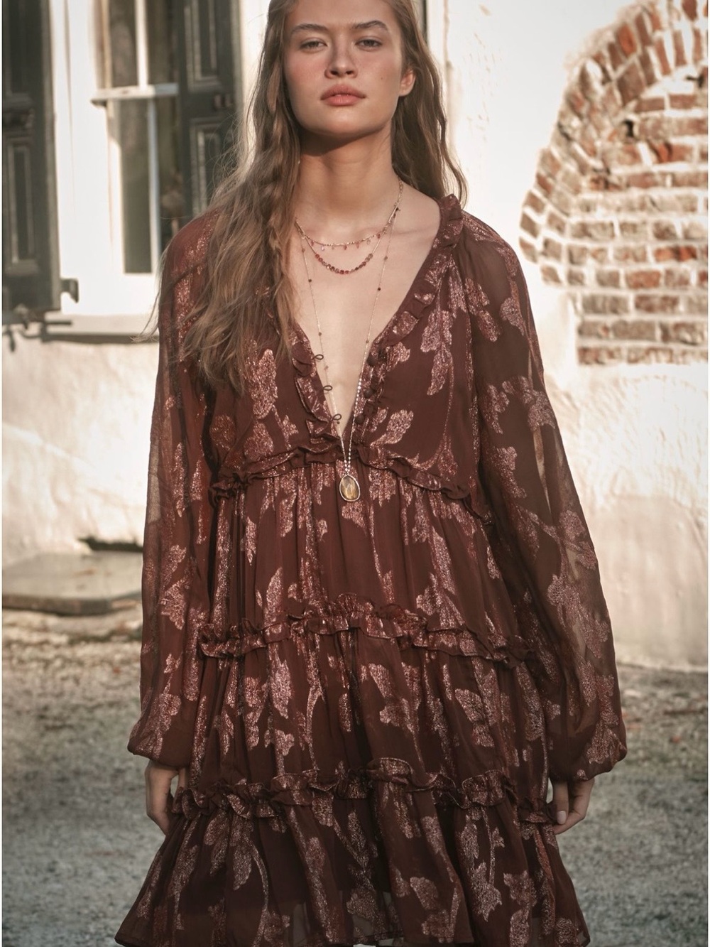 Anthropologie Brown Tiered Long-Sleeve V-Neck Dress